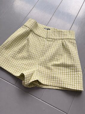 ZARA Light Green Gingham High-Waist Shorts